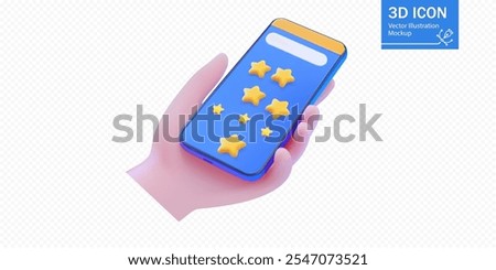 A 3D illustration depicting a hand holding a smartphone with multiple yellow star icons, symbolizing app ratings, user feedback, or social media interactions in a digital contex