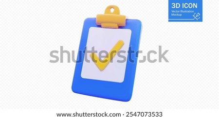 A 3D illustration of a blue clipboard with a yellow checkmark, representing tasks, completion, or approval in a simple and modern style