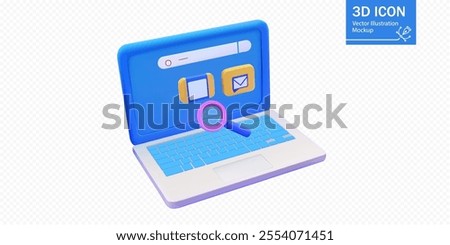 A vibrant 3D vector illustration of a laptop featuring search and mail icons on the screen, complemented by a magnifying glass. Perfect for technology, communication, and digital workspace themes.