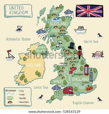 Cartoon map of United Kingdom. England, Scotland, Wells, North Ireland.