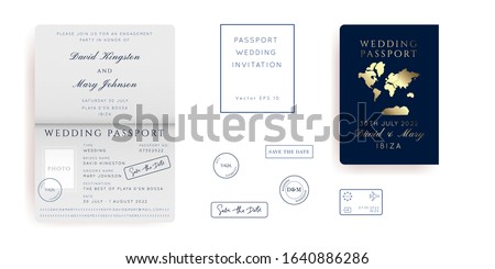 Gold Foil Destination Wedding Passport Invitation Vector Set.Boarding Pass ticket template.Modern luxury design.