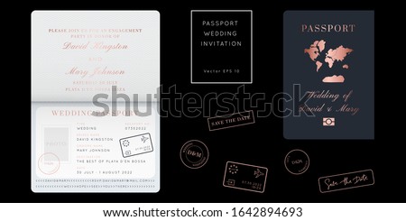 Rose Gold Foil Destination Wedding Passport Invitation Vector Set.Boarding Pass ticket template.Modern luxury design.