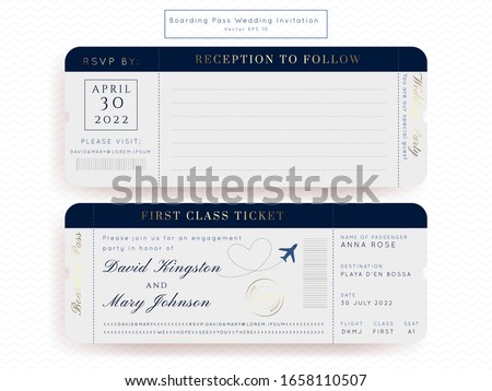 Destination Wedding Classic Blue Passport Invitation Vector Set.Boarding Pass ticket template.Modern luxury design.