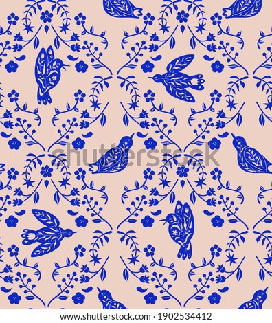 Floral bird seamless pattern. Minimal hand drawn folk style. Vector doodle texture with  folk flying birds and floral branches. Good for cosmetics, beauty, tattoo, Spa, social media. Blue on pink