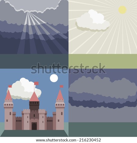 Castle tower fairy tale weather landscape with sun, moon, cloud, sun ray.