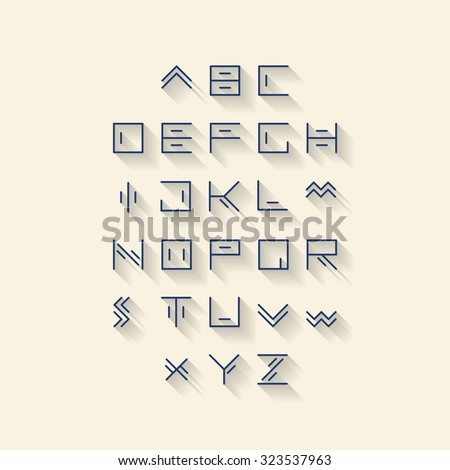 Vector linear font – simple alphabet in mono line style – typography design elements.Thin line iconographic flat letters with long shadow. Hipster modern font.