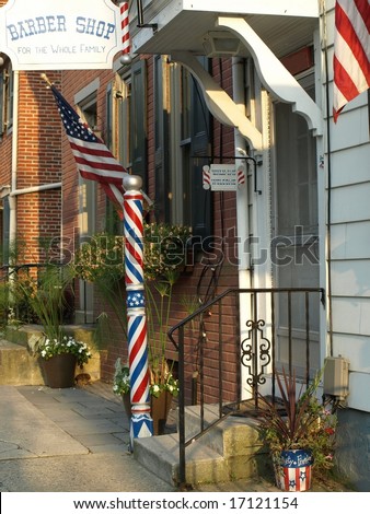 Barbershop in small town America on a patriotic holiday
