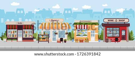 Shopping street in european town with book, wine, flower shops and supermarket. Urban landscape. Banner with building facades. Flat vector illustration, cityscape