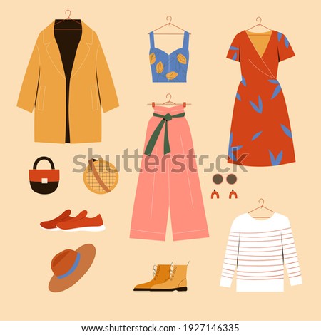 Set of woman clothes and accessories. Coat, sneakers, hat, earings, sunglasses, dress, boots, handbags. Vector illustration. 