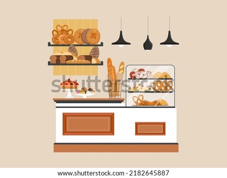 Counter in a bakery store. Variety of bread, french baguette on the shelves, croissant, bagel, pretzel, pastry in showcase, confectionery. Flat vector illustration isolated on white background.