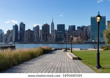 Empty Path along the Long Island City Queens New York Riverfront with a Midtown Manhattan Skyline View