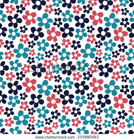 Ditsy flowers. Seamless pattern with small red, blue and black flowers on white background.