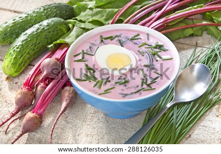 Cold soup with beetroot soup and sour milk with chives, cucumber and egg, served cold on hot days
