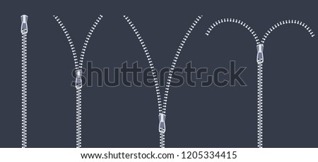 Zippers. Set of closed and open zip with fastener. Clasp for clothes. Vector illustration. Zipper. Closed and open zip icon set. Vector illustration