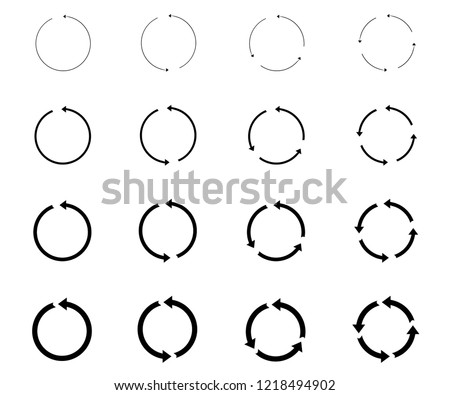 16 arrow pictogram refresh reload rotation loop sign set. Vector circle arrows for infographic. circular arrows. Simple web icon on white background. Modern contemporary solid plain flat minimal style