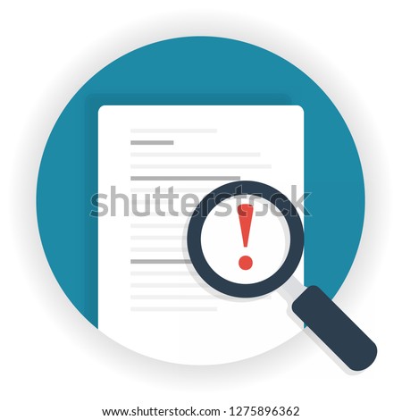 Exclamation mark magnifying glass. Business Risk Analysis symbol with magnifying glass icon and exclamation mark