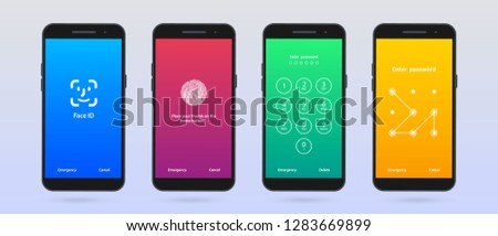 Screen Lock. Set of four mobile phone screen loch Passcode interface for lock screen or enter password pages.