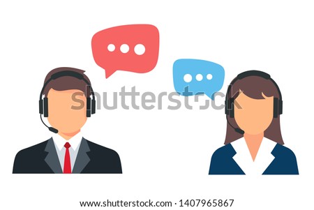 Call center. Help, Support and Contact. Customer Service Icon. Male and female call center working in headphones. Customer service character.