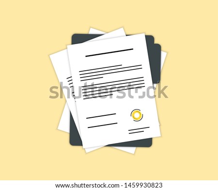 Contract or document signing icon. Document, folder with stamp and text. Contract conditions, research approval validation document. Contract papers. Document.  Folder with stamp and text.