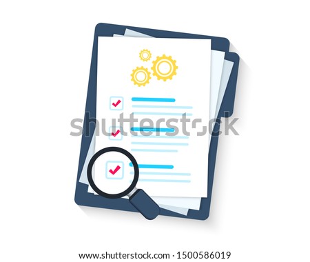 Service clipboard. Clipboard or checklist. Technical check list. Technical support check list, magnifying glass solution, software upgrade. Testing services. Technical terms and conditions