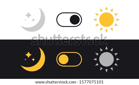 Day and Night mode switch. Sun and Moon. Light filter toggle button. Sleeping mode turn on, off. On Off Switch. Light and Dark Buttons. Simple dark mode switch icon.