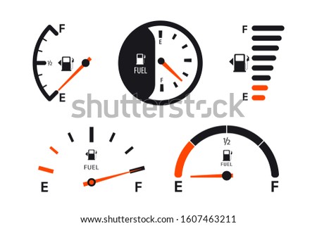 Set of Fuel gauge scales. Fuel meter. Fuel indicator.  Gas tank gauge. Oil level tank bar meter. Collection Fuel gauge speedometer on a white background