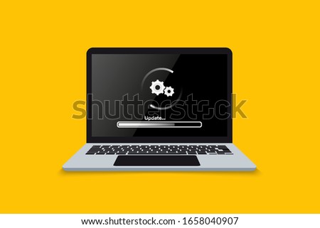 Laptop update screen. Loading or update process in laptop screen. Install software, operating system, update support, data update or synchronize with bar process. Template, ui, web, mobile app, poster
