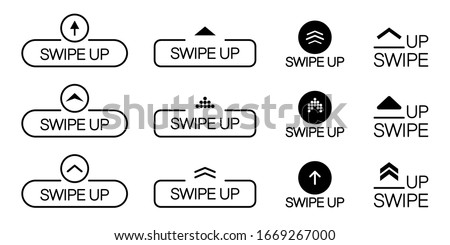 Swipe up, arrow up, scroll pictogram icon set. Arrow up for Social media application and social media stories. Swipe up for blogger web ui design