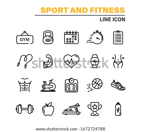 Set of Thin line icons Fitness and Sport. Collection Outline symbol fitness, gym and health care