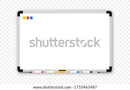 Whiteboard. Realistic Empty office white marker board. Whiteboard with marker pens and a sponge. Mock-up office white blackboard. Office Whiteboard template