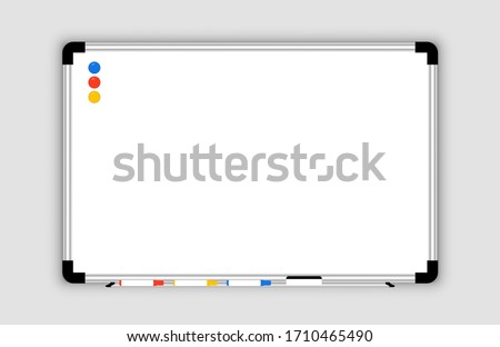 Whiteboard. Realistic Empty office white marker board. Whiteboard with marker pens and a sponge. Mock-up office white blackboard. Office Whiteboard template