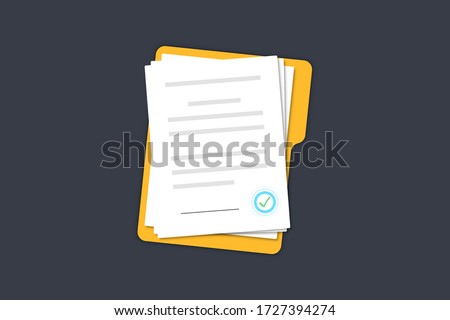 Documents papers. Contract. Folder with stamp and text. Folder and stack of white papers of agreements document with signature and approval stamp. Concept of paperwork. Simple, flat design