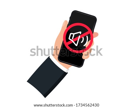 Hand holding smartphone sound off. Device icon. No phone. No sound sign for mobile phone. Volume off or mute mode sign for smartphone. Please silence your mobile phone, smartphone silence zone