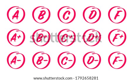Vector set of Hand drawn grade results. Grades with circles, pluses and minuses. Exam results, letters and plus grades marks in red circle. Exam marks