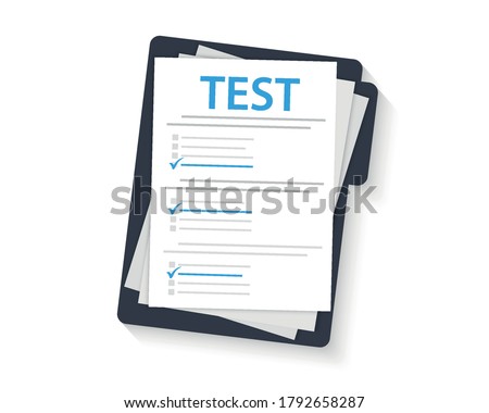Concept exam, survey, testing. Test form with Clipboard. Test mark on a folder. Examining. Passing the knowledge test and exam. IQ test. Online survey. Checklist, Internet surveying list