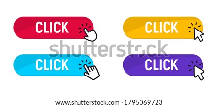 Click Here Button with mouse cursor. Set for button website design. Click button in white background. Modern action button with mouse click symbol. Computer mouse cursor or Hand pointer symbol