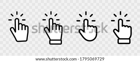 Set of Hand pointer symbol in trendy flat style. Computer mouse click cursor in transparent background. Click cursor collection. Clicking finger. Hand pointer icon. Cursor