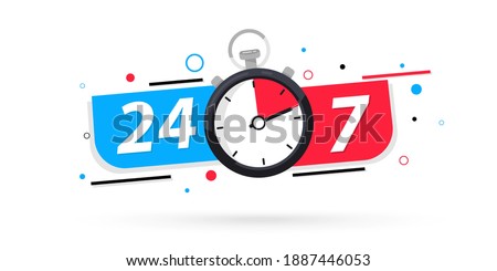 Stopwatch icon, 24 7 service. 24-7 open concept vector illustration. 24 Hours a day service icon. 24 hours a day and 7 days a week. Support service Vector stock illustration. Twenty four hour open