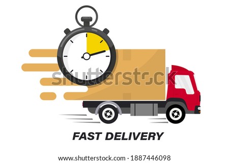 Shipping fast delivery truck with clock. Online delivery service. Express delivery, quick move. Fast shipping truck for apps and websites. Line cargo van moving fast. Chronometer, fast service 24 7