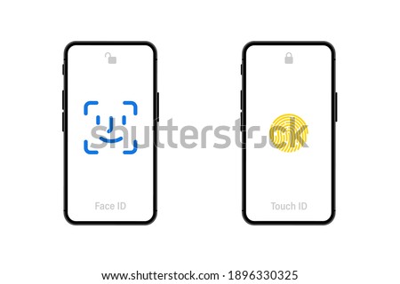 Touch id and face id icon on mobile devices. Vector illustration. Face scanning process. Facial detection symbols. Face recognition. Biometric verification, new face recognition technology