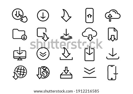 Set of black download icons. Download icon set for web site or application. Download arrows collection button. Arrow down document file symbol icon. Download file Arrow button