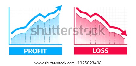 Financial profit and loss graph charts. Blue arrow up and red down arrow. Profit and loss trading of trader. Financial crisis, profit decrease. Graph finance concept with up down arrow symbol