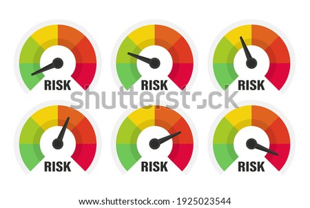 Risk meter. Risk concept on speedometer, vector illustration. Scale low, medium or high risk on speedometer. Set of gauges from low to high. Minimum to Maximum. Min Max. Customer satisfaction meter
