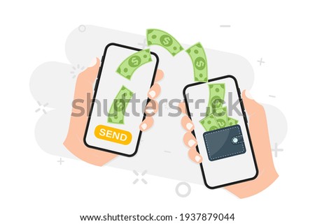 Money transfer. Online payment. Send and receive money wireless with their phone. Phone with banking payment app. Capital flow, earning. Financial savings or economy. Money online on mobile phone