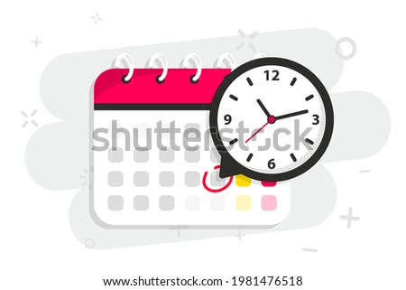 Calendar icon with clock. Icon notice message with clock, agenda symbol with selected important day. Time appointment, reminder date concept, time management. Calendar deadline. Business concept