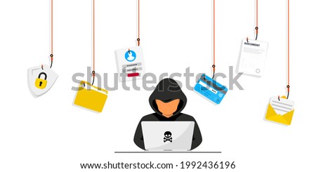Hacker and Cyber criminals phishing stealing private personal data, user login, password, document, email and credit card. Phishing and fraud, online scam and steal. Hacker sitting at the desktop Сток-фото © 