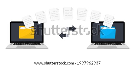 Files transfer. Transfer file of data between devices. Transmission of documents between two computer. Backup of information. Exchange Data. Send of document. Data encryption, protected connection