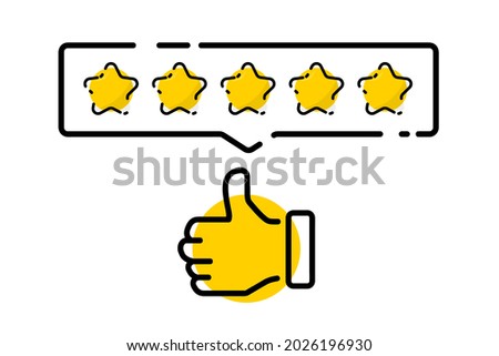 Five gold star rating. Satisfaction Rating and Leaving Positive Review. Online feedback reputation quality customer review. Review and rate us stars, business concept for apps and websites. Rate us