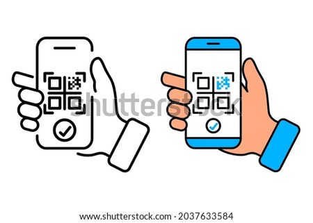 Scanning QR code with mobile smart phone. Qr code for payment, e wallet , cashless technology concept. Scan me. Pictogram for web, mobile app, promo. UI UX design element. Hand holding smartphone Photo stock © 