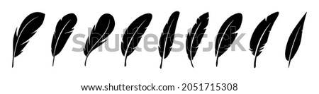 Set of Bird Feather. Feathers vector set in a flat style. Pen icon. Black quill feather silhouette. Plumelet collection isolated on white background